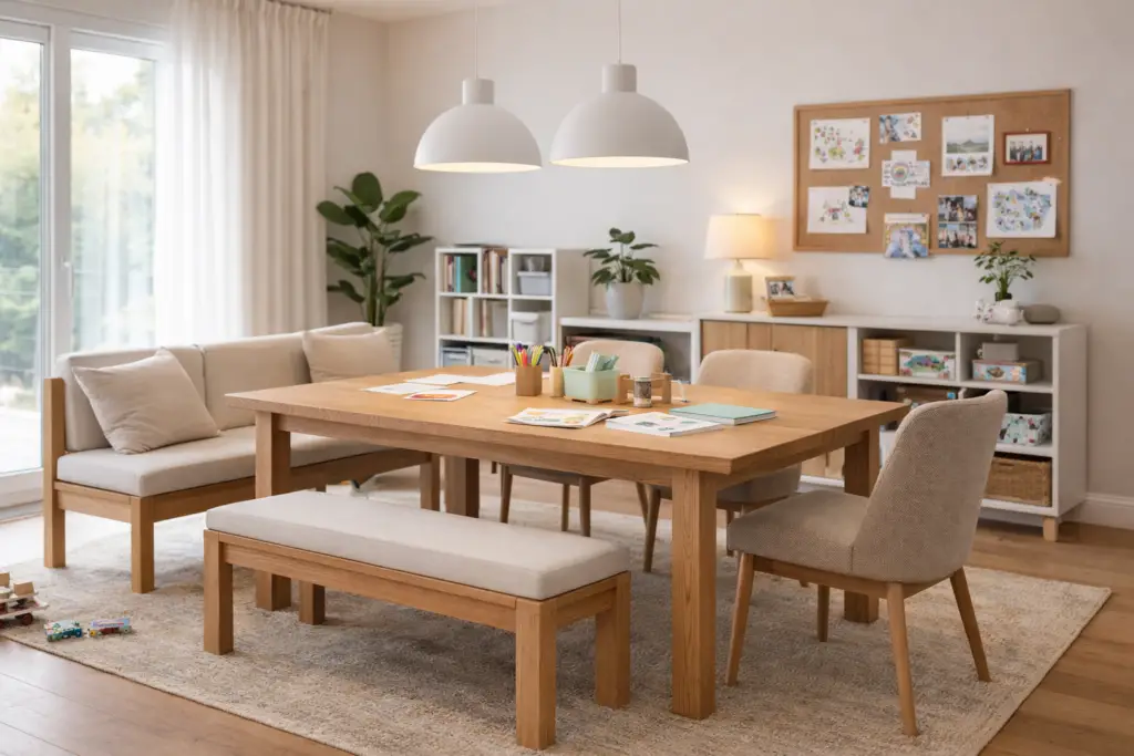 Funktionales Familien Esszimmer mit großem, robustem Holztisch, bequemen Polsterstühlen und einer Sitzbank. Helle Naturtöne, praktische Aufbewahrung und kindgerechte Details treffen auf warme Pendelleuchten und zusätzliches Licht. Der Raum wirkt alltagstauglich, hell und gleichzeitig gemütlich.