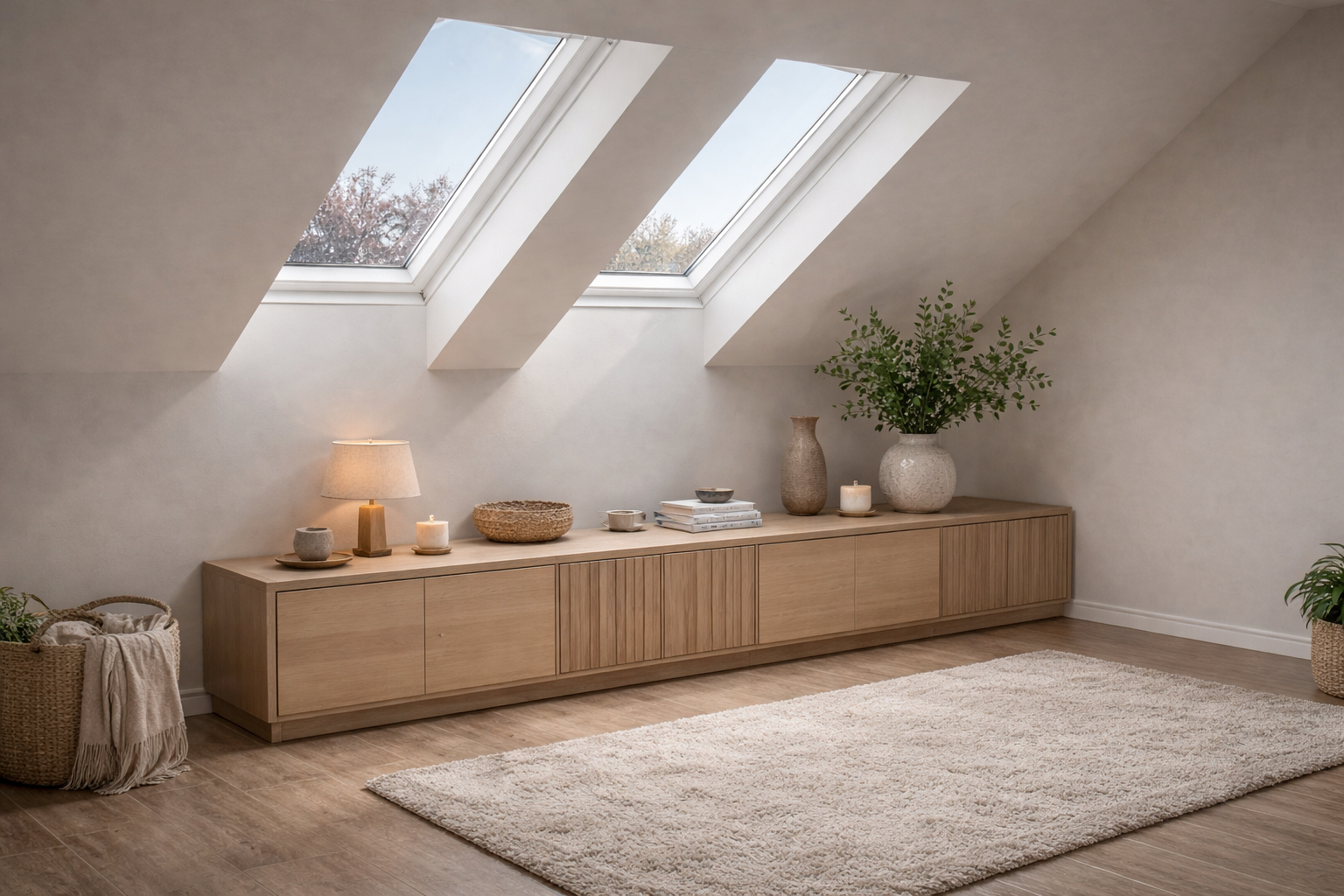 Modern gestalteter Dachraum mit schräger Decke und zwei Dachfenstern. Unter der Schräge steht ein langes, niedriges Lowboard in heller Holzoptik mit geriffelten und glatten Fronten. Darauf sind eine große Keramikvase mit grünen Zweigen, eine Tischlampe, Kerzen und gestapelte Bücher dekoriert. Der Raum ist in warmen Beige- und Naturtönen gehalten, mit hellem Teppich und Holzfußboden, wodurch die Schräge ruhig und stilvoll in Szene gesetzt wird.