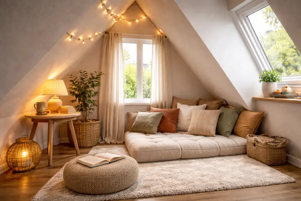 Gemütliche Leseecke unter einer Dachschräge im 16:9 Format. Die Wand ist in einem sanften Salbeigrün gestrichen, darunter eine niedrige Bodenlounge mit dicker Klappmatratze in warmem Terrakotta und vielen strukturierten Kissen in Creme und Rost. Ein runder Wollteppich in Offwhite liegt auf hellem Holzboden. Daneben steht ein kleiner, schwarzer Metall Beistelltisch mit Stapel Bücher und einer Tasse. Warmes Licht kommt von einer dezenten Wandleuchte unter der Schräge und einem Dachfenster, das weiches Tageslicht hereinlässt. Pflanzen in Keramiktöpfen sorgen für eine ruhige, wohnliche Atmosphäre.