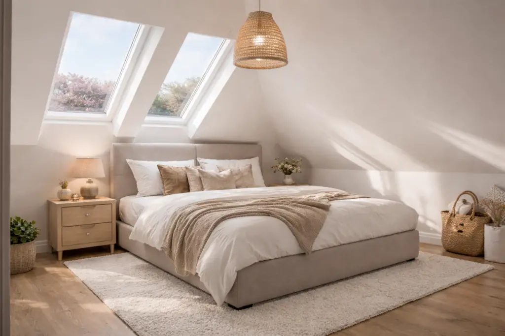 Helles Schlafzimmer unter einer Dachschräge mit zwei Dachfenstern und viel Tageslicht. Das gepolsterte Bett in warmem Naturton steht mit dem Kopfteil an der niedrigeren Wand unter der Schräge. Beige und cremefarbene Bettwäsche, strukturierte Kissen und eine weiche Strickdecke sorgen für eine gemütliche Atmosphäre. Neben dem Bett steht ein schlichter Nachttisch aus hellem Holz mit Lampe, auf dem Boden liegt ein flauschiger Teppich. Natürliche Materialien wie Korb und Holz unterstreichen den ruhigen, modernen Look des Dachraums.