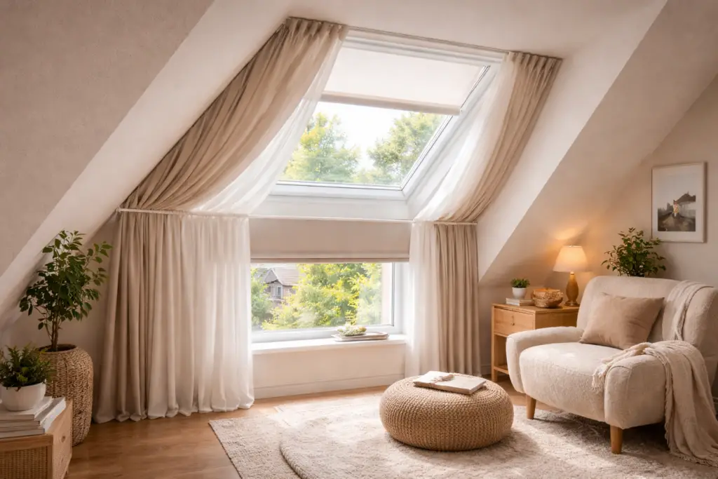 Helles Dachgeschoss im 16:9 Format mit großem Dachfenster als Highlight. Das Fenster ist mit einem flexiblen Plissee ausgestattet, das halb geschlossen ist, sowie mit zwei Gardinenstangen, sodass der Vorhang sich der Schräge anpasst. Weiche Stoffe in warmem Greige und Sand rahmen das Fenster. Darunter eine kleine Sitzecke mit Bouclé Sessel, rundem Strickpouf und hellem Teppich auf Holzboden. Eine Holzkommode, dezente Tischleuchte und Pflanzen sorgen für eine ruhige, lichtdurchflutete Atmosphäre unter der Dachschräge.