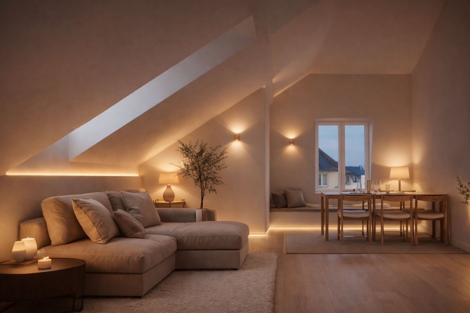 Gemütlicher Wohn- und Essbereich unter einer Dachschräge am Abend. Warmes, dimmbares Licht kommt aus mehreren Quellen: indirekte LED-Streifen entlang der Schräge und am Boden, kleine Wandlampen, Tischlampen auf Sideboard und Esstisch sowie Kerzen auf dem Couchtisch. Ein helles Sofa mit Kissen steht auf einem weichen Teppich, daneben ein runder Holztisch. Im Hintergrund befindet sich ein schlichter Essplatz aus Holz vor einem Fenster. Die Kombination aus indirektem Licht und warmen Leuchten schafft eine wohnliche, ruhige Atmosphäre im Dachraum.
