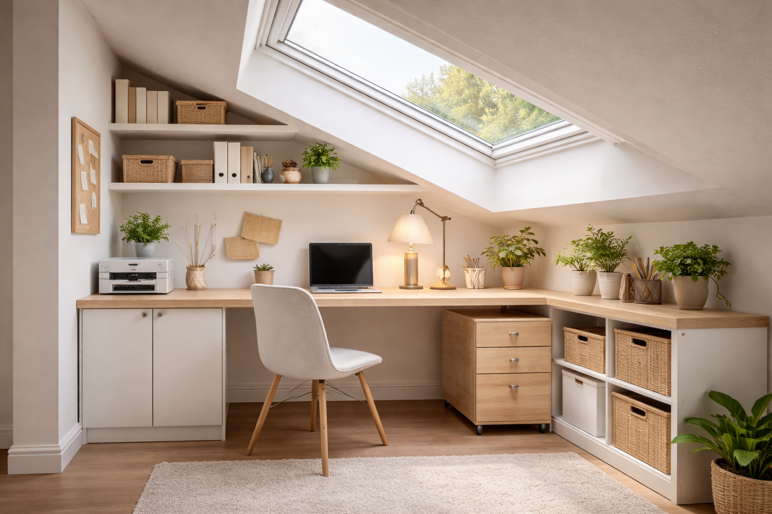Modernes Home Office unter einer Dachschräge im 16:9 Format. Ein schmaler Eckschreibtisch in heller Eiche steht an der höchsten Wand direkt unter einem großen Dachfenster, das viel Tageslicht hereinlässt. Auf dem Tisch stehen Laptop, Tischlampe und kleine Pflanzen. Unter der Schräge befinden sich offene Regale mit Rattankörben und Ordnern sowie ein Rollcontainer für zusätzlichen Stauraum. Heller Holzboden und ein cremefarbener Teppich sorgen für eine ruhige, funktionale Arbeitsatmosphäre im Dachgeschoss.