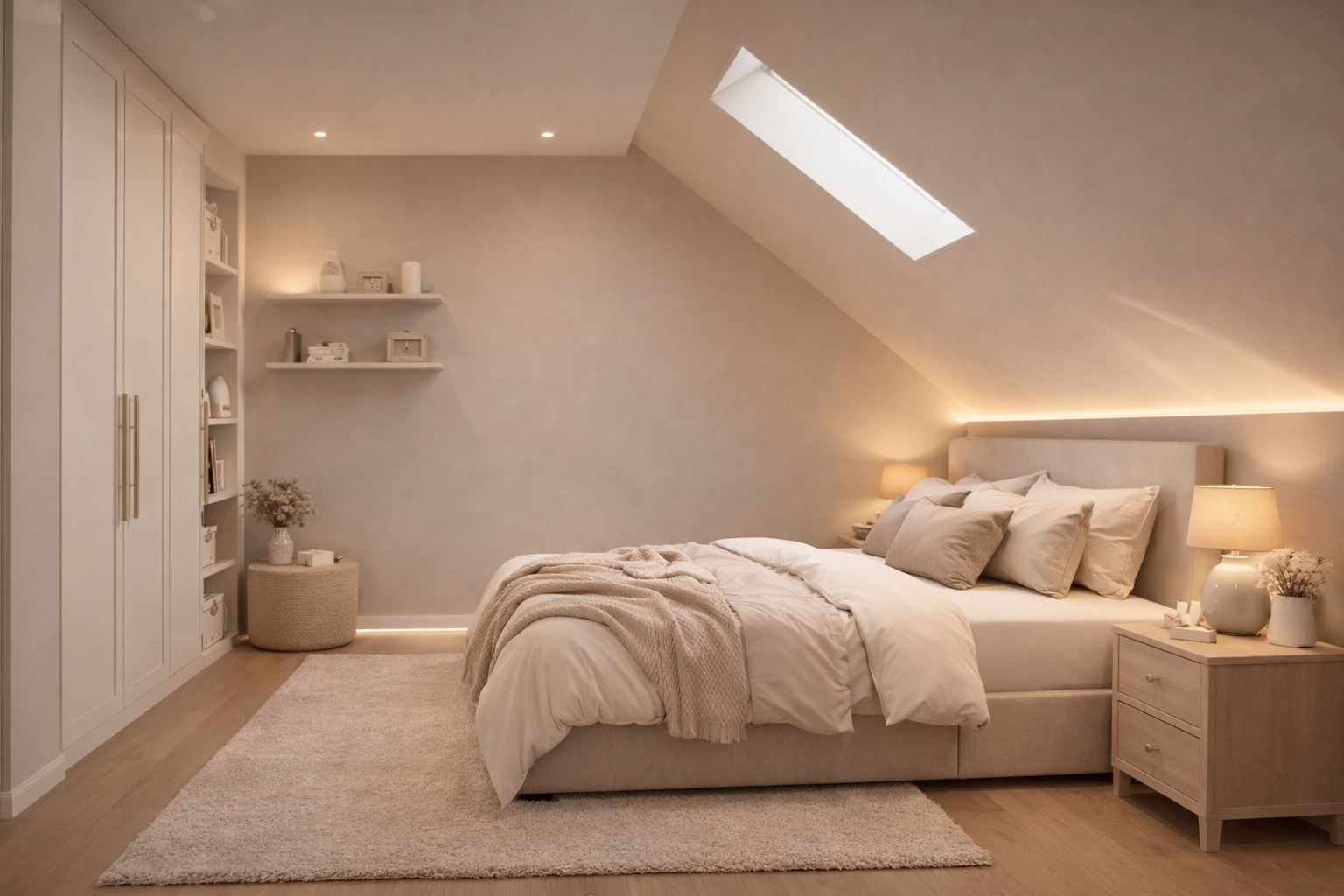 Schlafzimmer unter einer Dachschräge in warmem Ton-in-Ton Look. Decke und Schräge sind in einem matten Sandton gestrichen, wodurch die Übergänge weich wirken. Das gepolsterte Bett in hellem Beige steht an der Akzentwand unter der Schräge, dahinter sorgt indirektes LED-Licht für eine sanfte Lichtkante. Zwei Nachttische mit warmen Tischlampen, ein heller Teppich und ein Einbauschrank in Off-White ergänzen das ruhige, durchdachte Farbkonzept im Dachraum.
