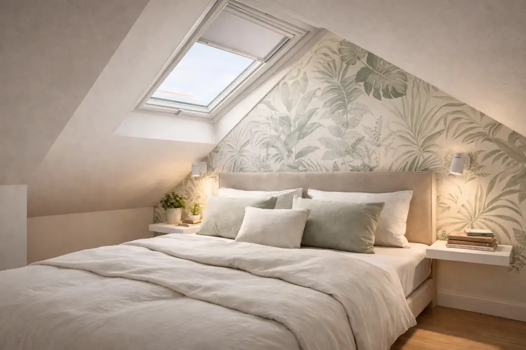 Schlafzimmer im Dachgeschoss im 16:9 Format mit tapezierter Dachschräge als Highlight. Die Schräge ist mit einer dezenten Leinenoptik Tapete in sanftem Salbeigrün gestaltet, während die übrigen Wände in warmem Offwhite gehalten sind. Ein Polsterbett in hellem Grau steht darunter, kombiniert mit Bettwäsche in Creme und Staubblau. Seitlich sorgen schmale Wandleuchten und ein kleines Nachtkästchen für Funktionalität. Ein Dachfenster bringt weiches Tageslicht in den Raum und betont die strukturierte Tapete unter der Schräge.