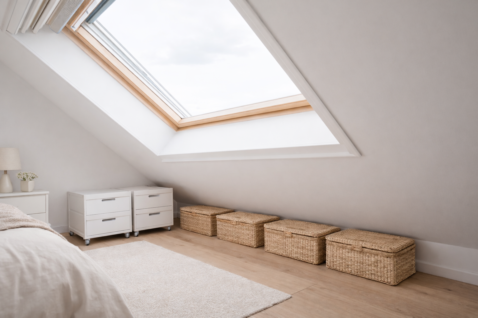 Minimalistisch gestalteter Dachraum mit großer Dachfensterfläche und klaren Linien. Unter der niedrigen Schräge stehen flache Rollcontainer in Weiß sowie mehrere hochwertige Körbe mit Deckel aus Naturmaterial. Die matte Wand in hellem Greige wirkt ruhig und reflektiert das Tageslicht weich. Heller Holzboden, ein cremefarbener Teppich und dezente Deko sorgen für eine aufgeräumte, ästhetische Atmosphäre und zeigen, wie Mini-Ecken unter der Dachschräge als praktischer Stauraum genutzt werden können.