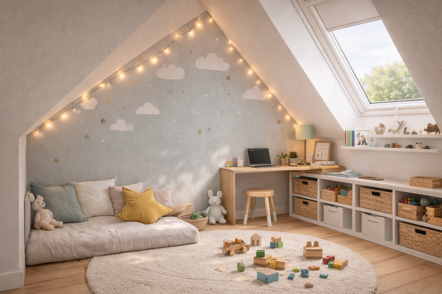 Helles Kinderzimmer unter einer Dachschräge im 16:9 Format. Die Schräge ist in einem sanften Blaugrau mit dezenten Wolken- und Sternmotiven gestaltet und mit einer warmen Lichterkette entlang der Kante betont. Darunter eine gemütliche Spielzone mit weicher Bodenmatte, vielen Kissen in Pastelltönen und einem runden Teppich auf hellem Holzboden. Rechts stehen niedrige Regale mit offenen Kisten und Rattankörben für Spielzeug. Ein kleines Dachfenster bringt natürliches Licht in den Raum und unterstreicht die freundliche, ordentliche Atmosphäre.