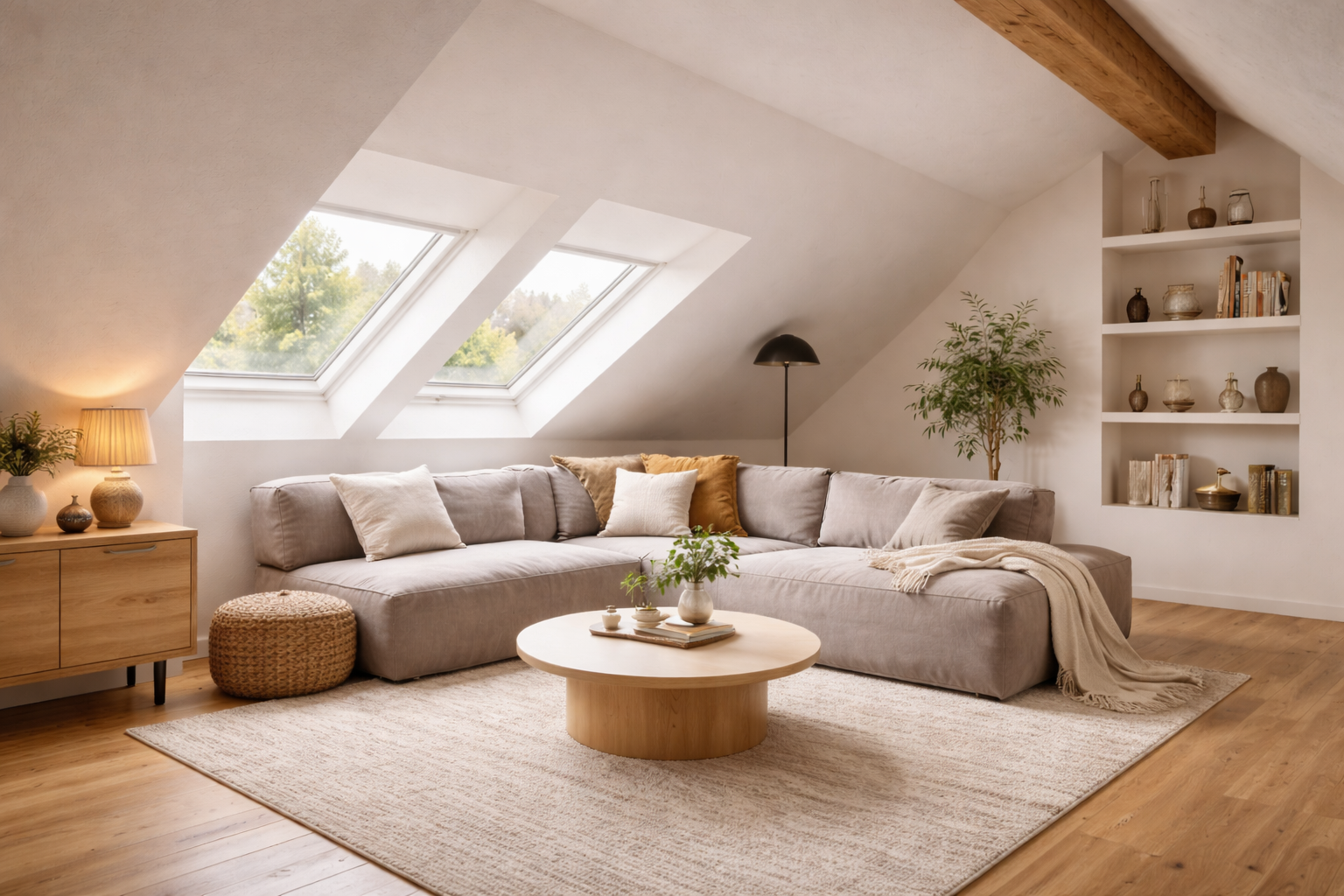 Modernes Wohnzimmer unterm Dach im 16:9 Format mit niedriger, modularer Sofalandschaft in warmem Taupe unter zwei großen Dachfenstern. Die Schräge wird von einem hellen Offwhite Ton betont, kombiniert mit einem großen, cremefarbenen Teppich und einem flachen, runden Couchtisch aus Holz. Dezente Akzente in Dunkelbraun und Schwarz setzen Kontraste, während ein offenes Regal mit ausgewählter Deko und eine Pflanze für Ruhe sorgen. Heller Holzboden und eine reduzierte Farbpalette aus Naturtönen schaffen eine harmonische, gemütliche Atmosphäre unter der Dachschräge.