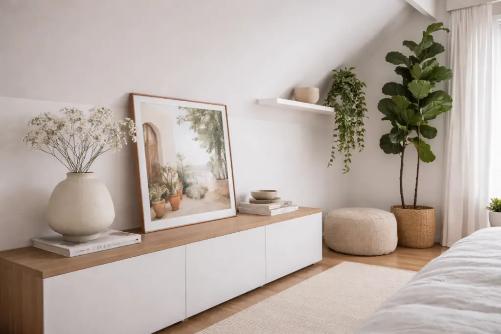 Stilvoll gestalteter Dachraum mit ruhiger Deko unter einer weißen Schräge. Auf einem schlichten Lowboard aus Holz steht eine große, matte Keramikvase mit zarten Zweigen. Daneben eine einzelne Tischlampe auf einem runden Beistelltisch in warmem Ton. Ein gerahmtes Bild lehnt locker an der Wand unter der Schräge. In der höchsten Ecke steht ein gepolsterter Sessel mit Strukturstoff, ergänzt durch einen großen Spiegel. Die reduzierte Dekoration mit wenigen, größeren Elementen sorgt für einen klaren, harmonischen Look im Dachgeschoss.