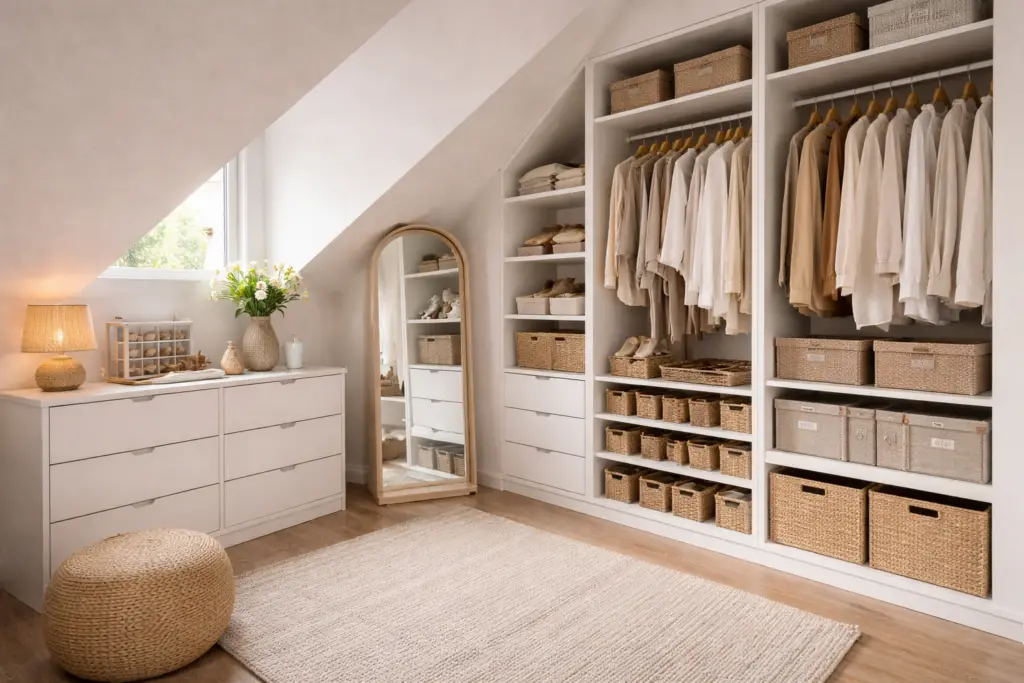 Ankleidezimmer unter einer Dachschräge im 16:9 Format mit durchdachtem Stauraumkonzept. Im hohen Bereich befinden sich offene Kleiderstangen mit einheitlichen Holzkleiderbügeln und hellen Kleidungsstücken in Beige, Creme und Sand. Unter der Schräge stehen Kommoden, Schubladen und Regalfächer mit geordneten Aufbewahrungsboxen und Körben. Ein großer Standspiegel mit Holzrahmen lehnt an der Wand, daneben sorgt eine Tischlampe auf einer niedrigen Kommode für warmes Licht. Heller Holzboden und ein strukturierter Teppich runden die ruhige, elegante Atmosphäre im Dachgeschoss ab.