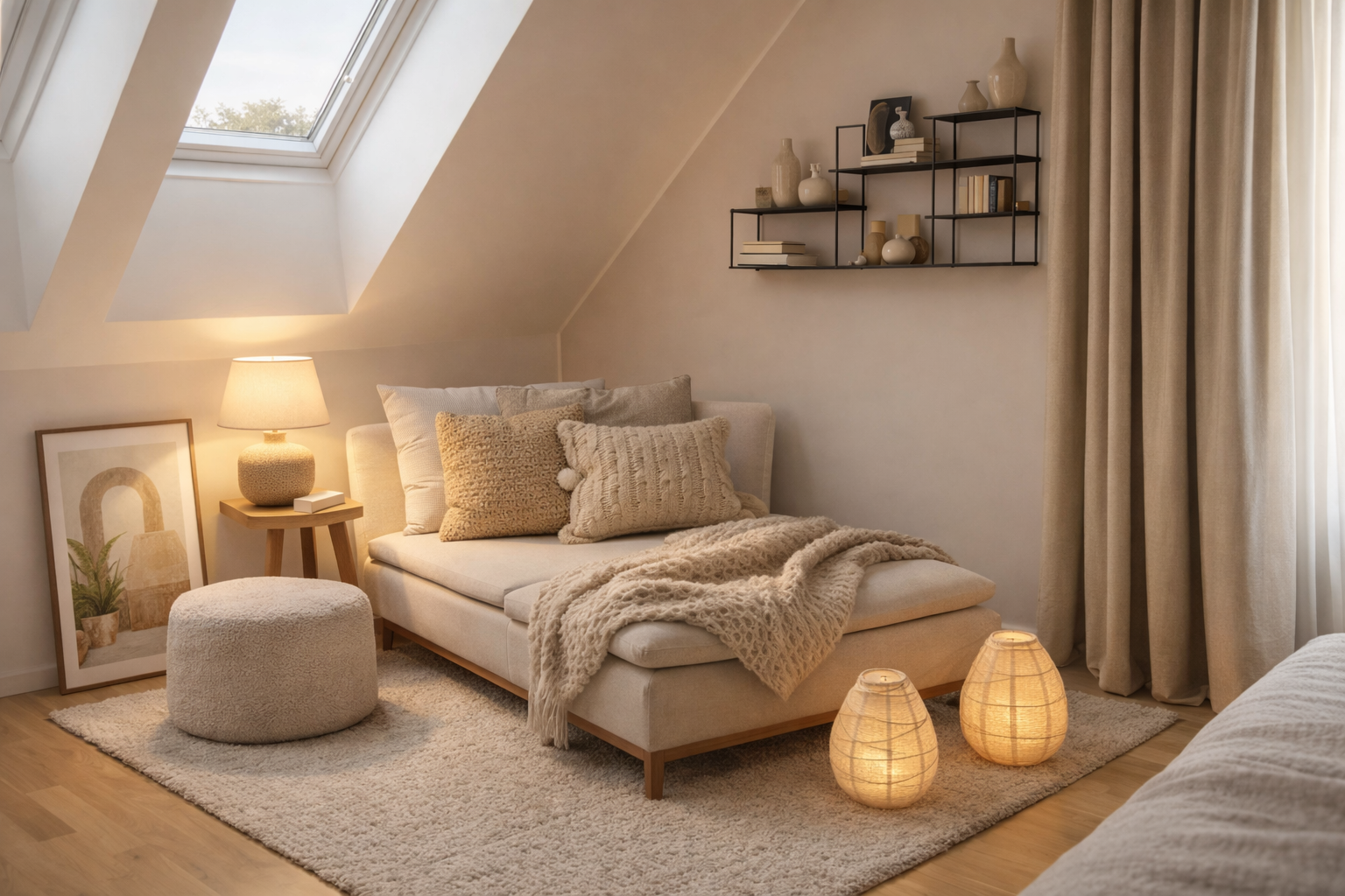 Gemütliche Leseecke unter einer Dachschräge mit großem Dachfenster und Thermo-Plissee. Eine gepolsterte Recamiere in warmem Beige steht auf einem weichen Wollteppich, dekoriert mit Leinenkissen und einer Strickdecke. Daneben ein runder Bouclé-Hocker und eine Tischlampe mit warmem Licht. Schwere Vorhänge aus Leinen verbessern die Akustik, während natürliche Materialien wie Holz, Wolle und Textilien dem Dachraum ganzjährig eine wohnliche, ausgeglichene Atmosphäre verleihen.