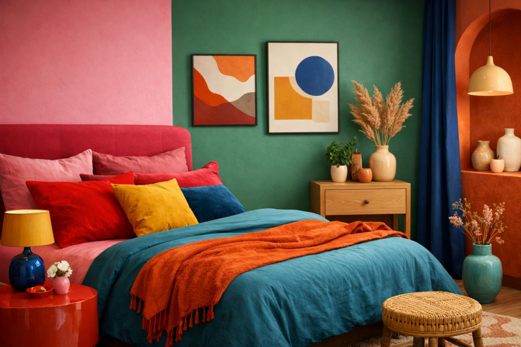 Buntes Schlafzimmer mit mutigen Farbkombinationen aus Rosa, Rot, Senfgelb, Blau und Grün. Modernes Bett mit farbigen Kissen, abstrakte Wandbilder und warme Terrakotta-Details sorgen für ein lebendiges, harmonisches Farbkonzept.