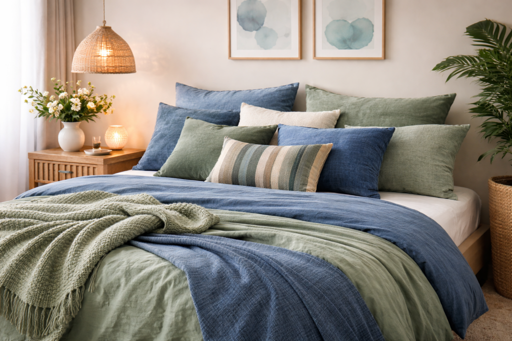 Gemütliches Schlafzimmer mit harmonischer Bettwäsche in Salbeigrün und Staubblau. Mehrere Kissen in abgestimmten Farben und unterschiedlichen Stoffen liegen auf dem Bett und sorgen für einen ruhigen, modernen und einladenden Look. Keine Personen.