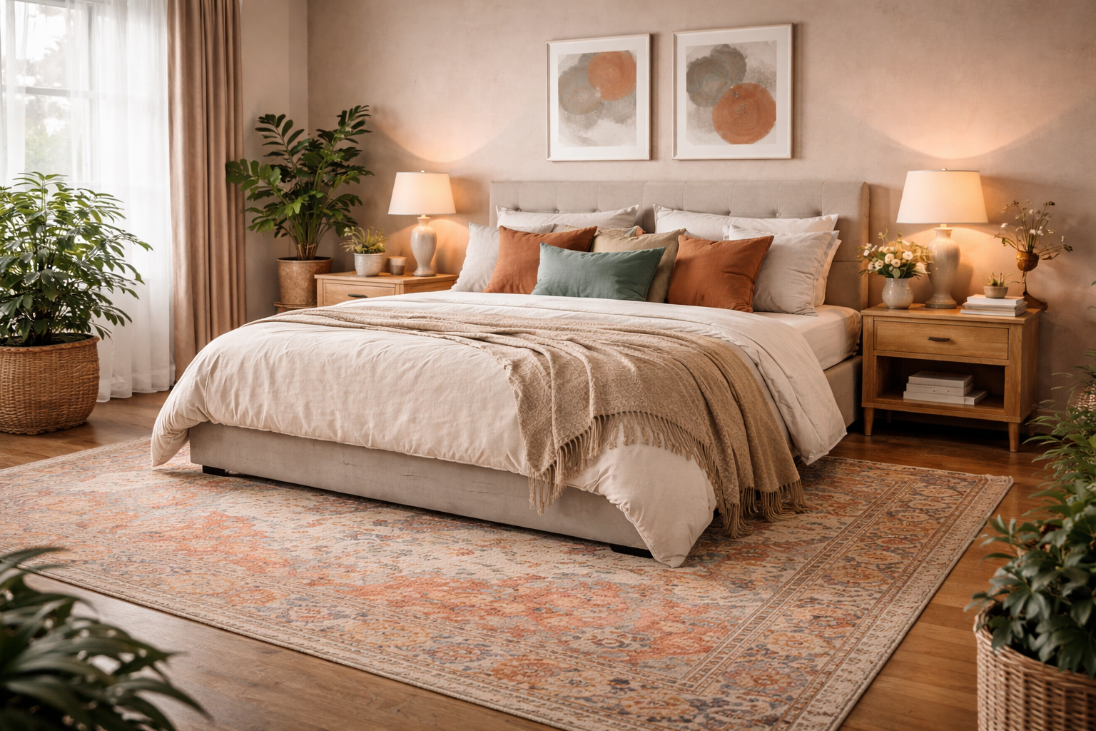 Stilvolles Schlafzimmer mit neutraler Bettwäsche und wenigen farbigen Kissen in Salbeigrün und Rostton. Unter dem Bett liegt ein großer Vintage-Teppich mit dezentem Muster in warmen Rot- und Beigetönen, der den Raum optisch verbindet und eine ruhige, harmonische Atmosphäre schafft. 🌿
