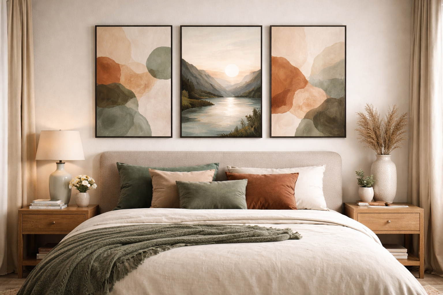 Stilvolles Schlafzimmer mit neutralem Bett und drei harmonisch abgestimmten Kunstwerken über dem Kopfteil. Sanfte Naturfarben wie Beige, Terrakotta und Salbeigrün greifen die Farben der Bilder auf und schaffen eine ruhige, ästhetische Atmosphäre.