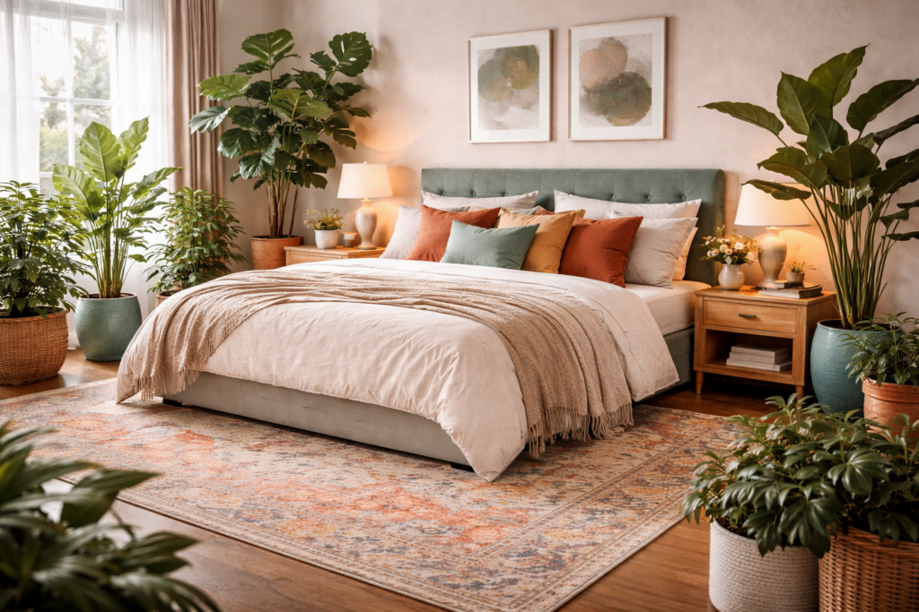 Stilvolles Schlafzimmer mit neutralem Bett und Kissen in warmen Terrakotta- und Grüntönen, umgeben von großen Zimmerpflanzen wie Monstera und Ficus. Die Pflanzen stehen in Terrakotta- und Keramiktöpfen und bringen natürliche Farbakzente sowie eine ruhige, frische Atmosphäre in den Raum. 🌿