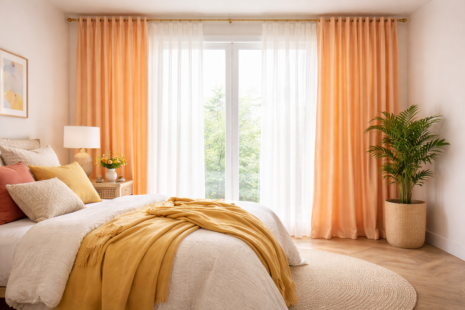 Helles Schlafzimmer mit langen apricotfarbenen Vorhängen, die vom oberen Wandrand bis zum Boden reichen und das Fenster einrahmen. Das Bett ist neutral dekoriert mit wenigen warmen Farbakzenten, während die Vorhänge zum farblichen Mittelpunkt des Raumes werden. Keine Personen.