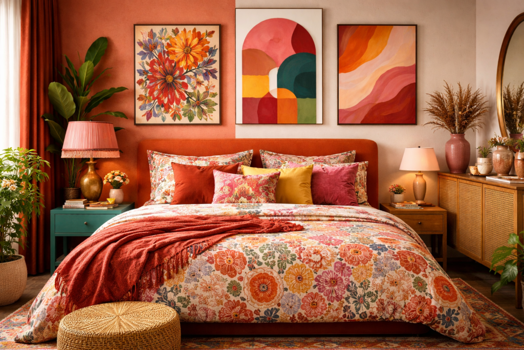 Maximalistisch eingerichtetes Schlafzimmer mit warmen Farben wie Rostrot, Pink und Beige. Gemusterte Bettwäsche, viele Kissen, ein bunter Teppich und farbige Kunstwerke an der Wand sorgen für eine lebendige, stilvolle Atmosphäre.