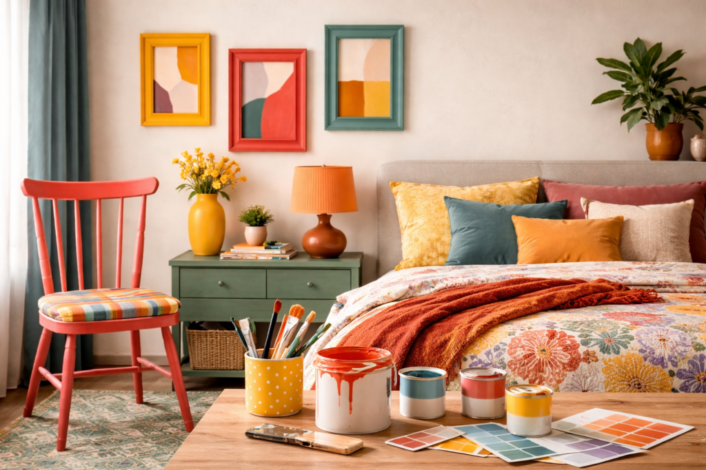 Buntes Schlafzimmer mit DIY-Elementen wie einem selbst gestrichenen Stuhl, farbigen Bilderrahmen und Farbproben auf einem Tisch. Pinsel und Farbdosen zeigen ein kreatives Upcycling-Projekt im stilvoll dekorierten Raum. 🎨🛏️