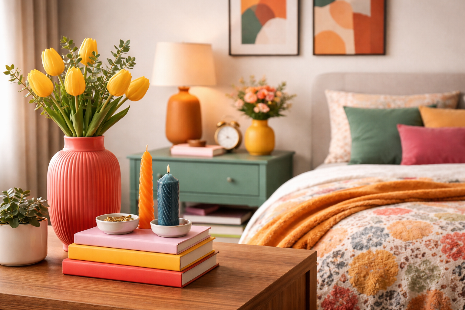 Detailaufnahme eines stilvoll dekorierten Schlafzimmers mit farbigen Kerzen, gestapelten Büchern und einer geriffelten Korallenvase mit gelben Tulpen auf einem Holztisch. Im Hintergrund ein Bett mit gemusterter Bettwäsche und ein grüner Nachttisch mit weiteren Dekoakzenten.