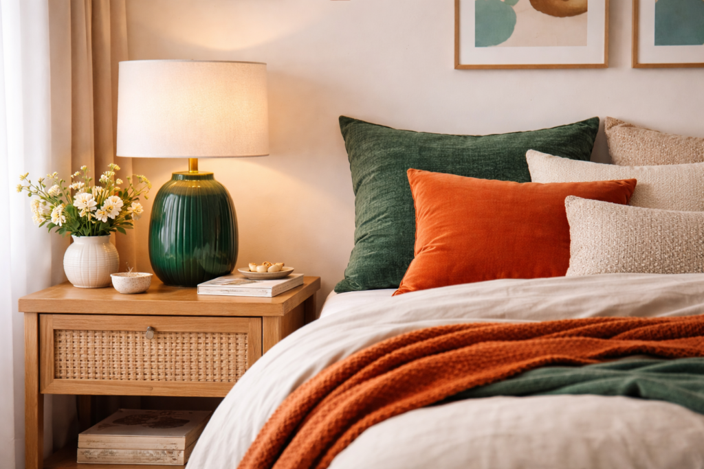 Gemütliches Schlafzimmer mit warmem Licht und einer dunkelgrünen Keramik-Tischlampe auf einem Holz-Nachttisch. Die Farbe der Lampe wiederholt sich in grünen und orangefarbenen Kissen auf dem Bett und schafft eine harmonische, farbige Atmosphäre. Keine Personen.