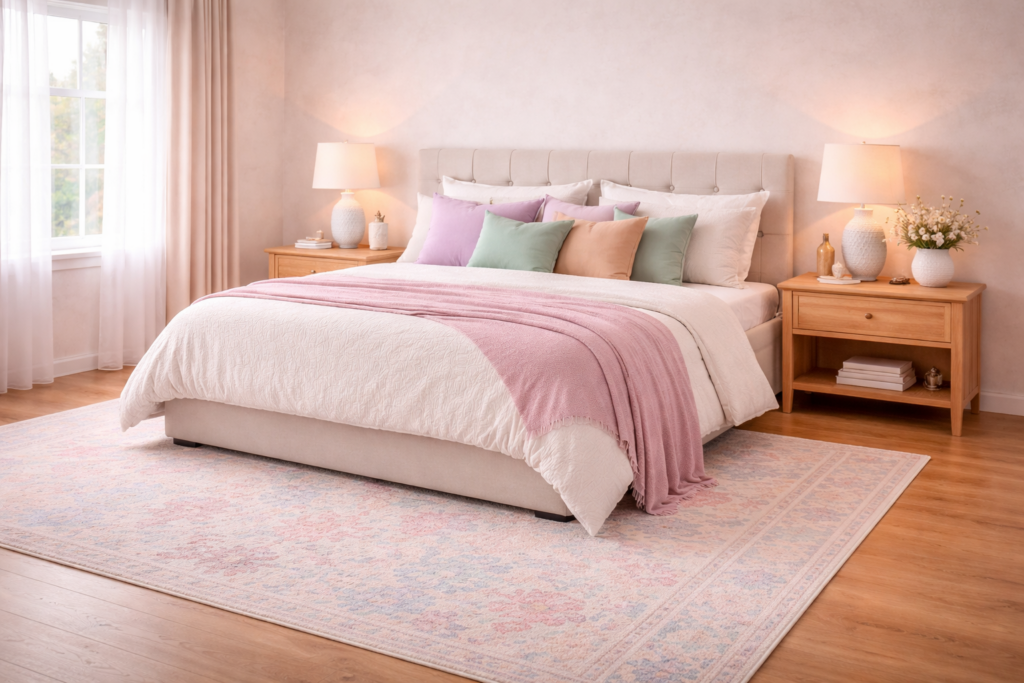 Helles Schlafzimmer in sanften Pastellfarben mit cremefarbenem Bett, Decke in zartem Rosé und Kissen in Mint, Pfirsich und Lavendel. Helle Holznachttische, weiche Stoffe und ein dezenter Pastell-Teppich schaffen eine ruhige, harmonische Atmosphäre ohne Pflanzen.