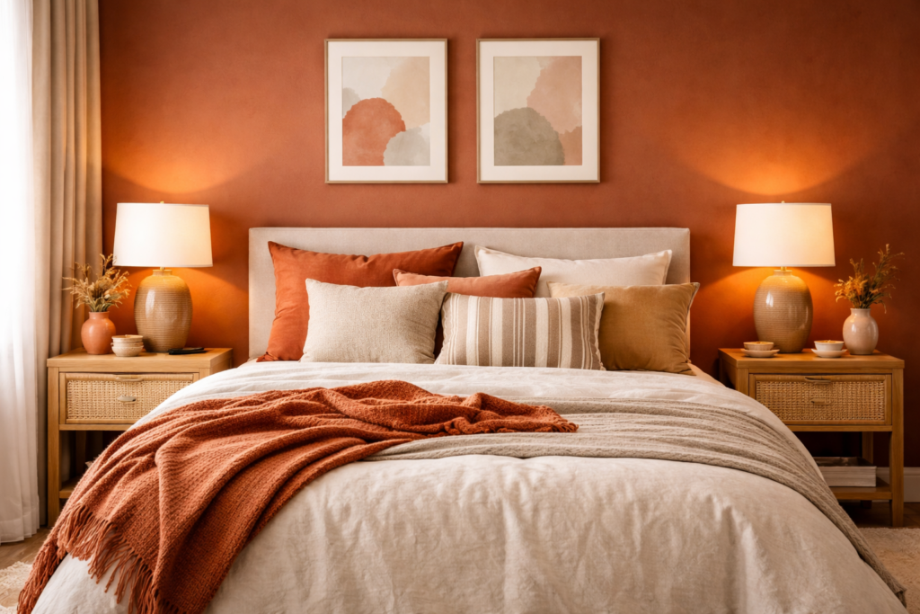 Schlafzimmer mit terrakottafarbener Akzentwand hinter dem Bett. Neutrale Bettwäsche wird durch Kissen und eine Decke in warmen Erdtönen ergänzt, während Lampen und Bilder die Wandfarbe wieder aufgreifen und eine gemütliche, harmonische Atmosphäre schaffen. Keine Personen.