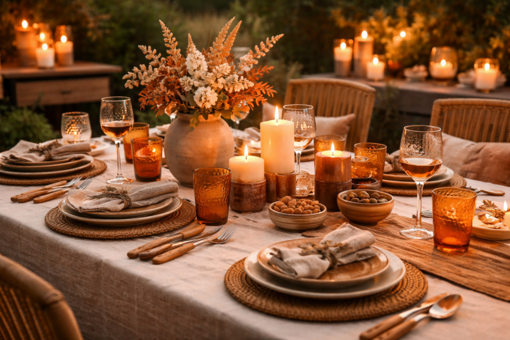 Sommerlich gedeckter Tisch in warmen Erdtönen mit beiger Leinentischdecke, Kerzen, Holz- und Keramikelementen sowie terrakottafarbenen Gläsern. Die stimmungsvolle Beleuchtung schafft eine ruhige, gemütliche Abendatmosphäre im Freien.