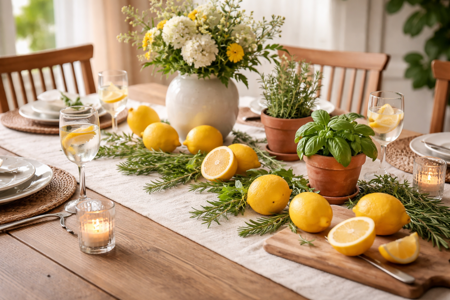 Sommerlich gedeckter Holztisch mit hellem Leinenläufer, dekoriert mit frischen Zitronen und grünen Kräutern wie Rosmarin und Basilikum. Einige Zitronen sind aufgeschnitten, wodurch eine frische, mediterrane und natürliche Atmosphäre entsteht. Keine Personen.