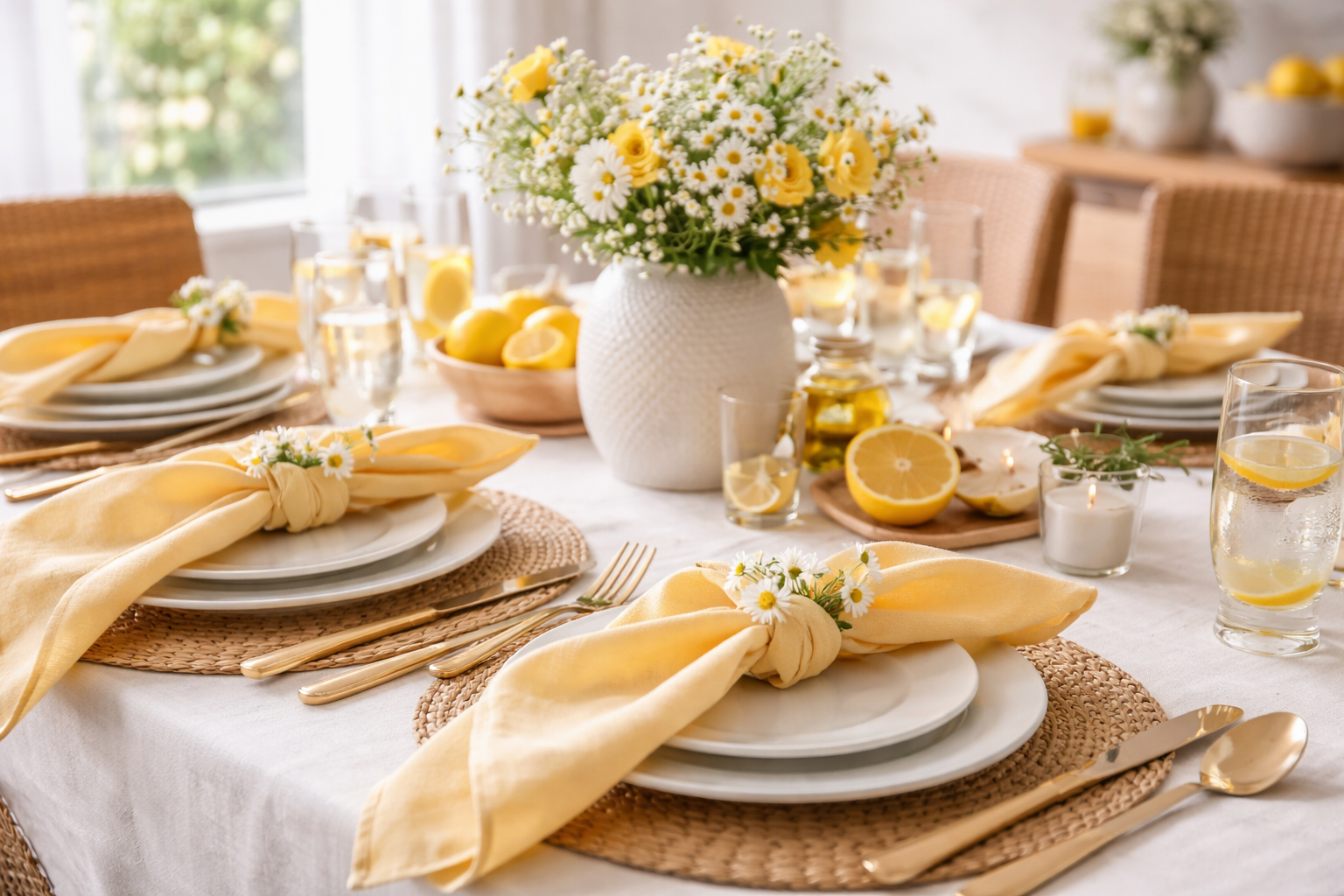 Sommerlich gedeckter Tisch mit hellen Tellern und locker geknoteten Stoffservietten in sanftem Gelb, dekoriert mit kleinen Blumen. Natürliche Materialien wie geflochtene Platzsets und warmes Licht schaffen eine leichte, moderne und entspannte Tischatmosphäre.