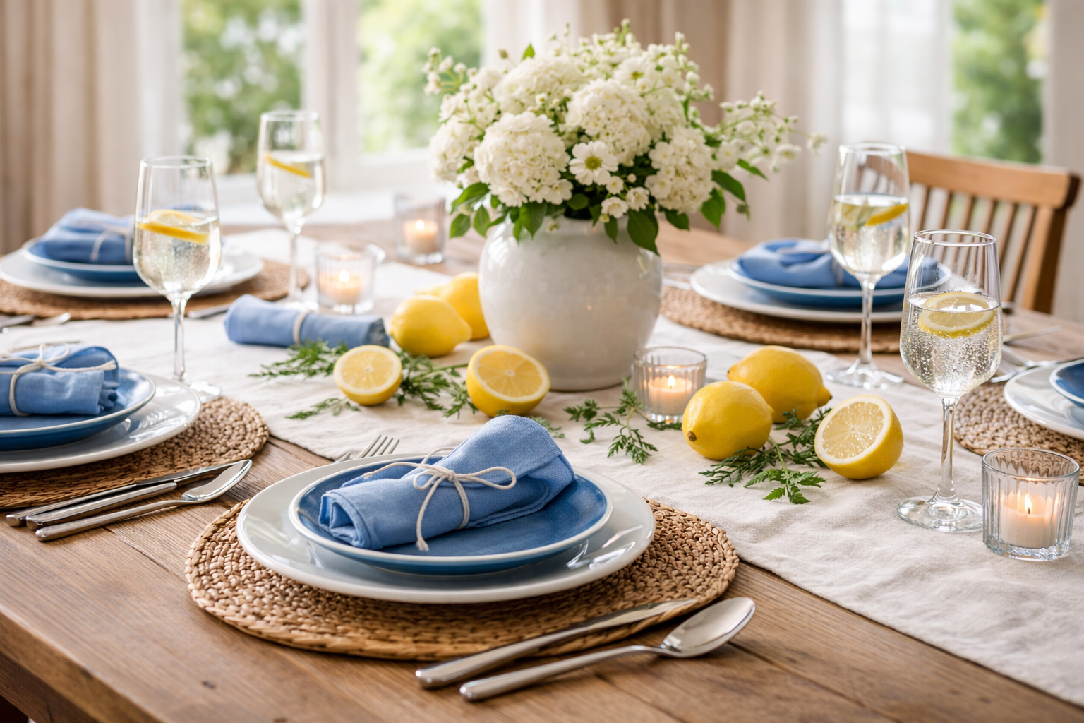 Sommerlich gedeckter Tisch mit weißen und blauen Elementen, darunter Teller und Servietten in Blau kombiniert mit hellem Geschirr. Eine schlichte Vase mit weißen Blumen sorgt für Ausgleich und schafft eine frische, luftige und urlaubsinspirierte Atmosphäre. Keine Personen.