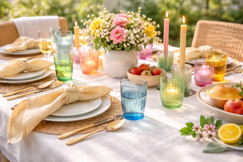 Sommerlich gedeckter Tisch im Freien mit bunten Gläsern in Blau, Grün, Gelb und Rosé, die im Sonnenlicht leuchten. Helle Stoffservietten, natürliche Platzsets und frische Blumen sorgen für eine lebendige, harmonische und moderne Tischdekoration.