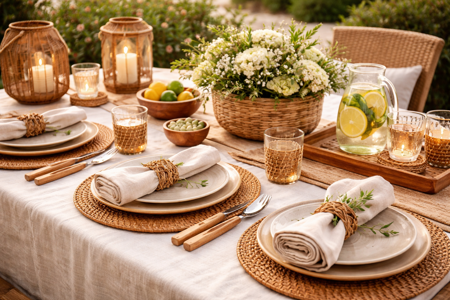 Sommerlich gedeckter Tisch mit natürlichen Materialien wie Bast und Rattan. Helle Leinenservietten mit locker gewickelten Serviettenringen, Holzdetails und Keramik schaffen eine ruhige, warme und entspannte Atmosphäre im Freien.