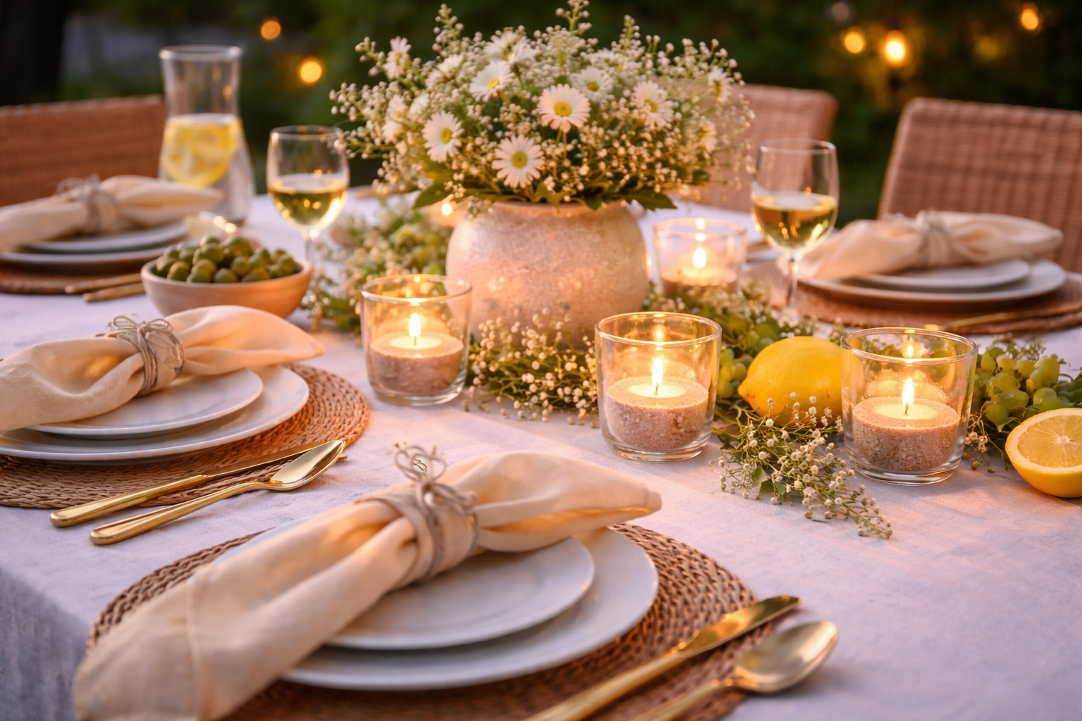 Sommerlich gedeckter Tisch am Abend mit wenigen Teelichtern in schlichten Gläsern, ergänzt durch natürliche Dekoelemente wie kleine Zweige, Steine und ein zentrales Blumenarrangement. Helle Stoffservietten, Keramikgeschirr und warmes Licht schaffen eine ruhige, stilvolle und ausgewogene Tischatmosphäre.