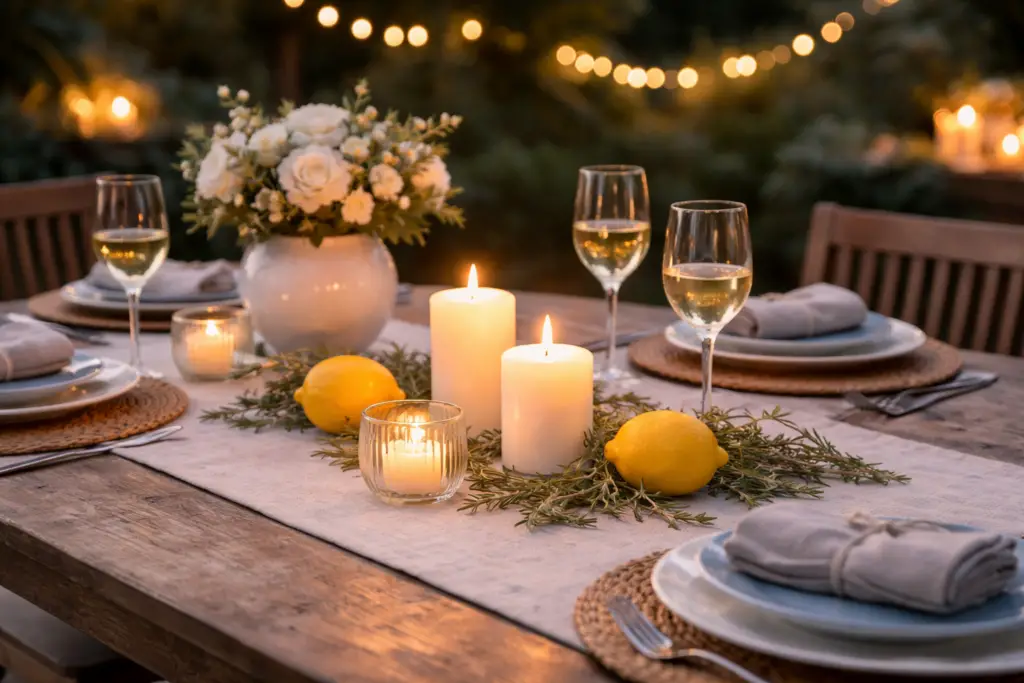 Sommerlich gedeckter Tisch am Abend mit wenigen Kerzen in unterschiedlichen Höhen, die warmes Licht spenden. Auf einem hellen Leinenläufer liegen Zitronen und Kräuter, kombiniert mit schlichtem Geschirr und sorgen für eine ruhige, gemütliche Atmosphäre. Keine Personen.