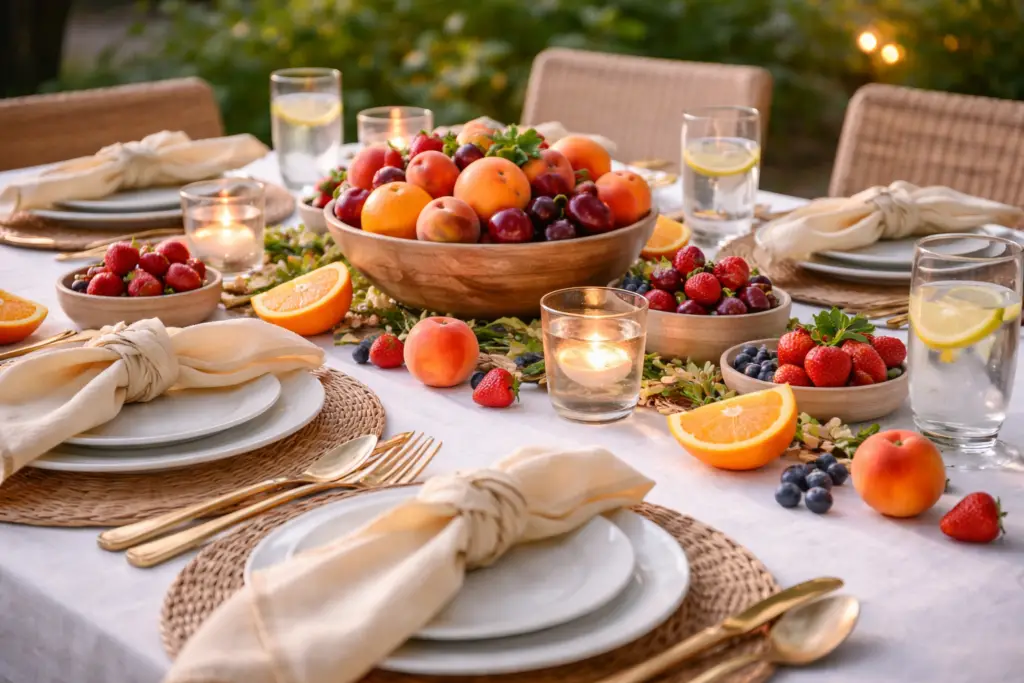 Sommerlich gedeckter Tisch mit locker verteiltem Obst wie Pfirsichen, Orangen und Beeren als farbige Highlights. Helle Tischdecke, natürliche Platzsets und dezente Kerzen schaffen eine leichte, frische und ungezwungene Tischdekoration.
