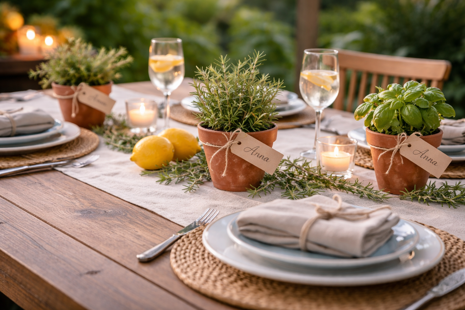 Sommerlich gedeckter Tisch mit kleinen Kräutertöpfen an jedem Platz, dekoriert mit Band und Namensschild. Auf einem hellen Leinenläufer kombiniert mit Zitronen und schlichtem Geschirr entsteht eine persönliche, natürliche und liebevolle Tischdekoration. Keine Personen.