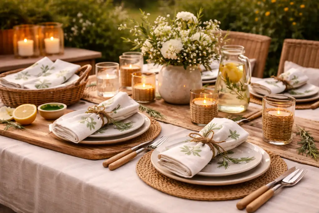 Sommerlich gedeckter Tisch mit selbst gestalteten Stoffservietten, die mit dezenten Blattmustern verziert sind. Natürliche Materialien, Kerzenlicht und helle Farben sorgen für eine ruhige, persönliche und harmonische Atmosphäre.