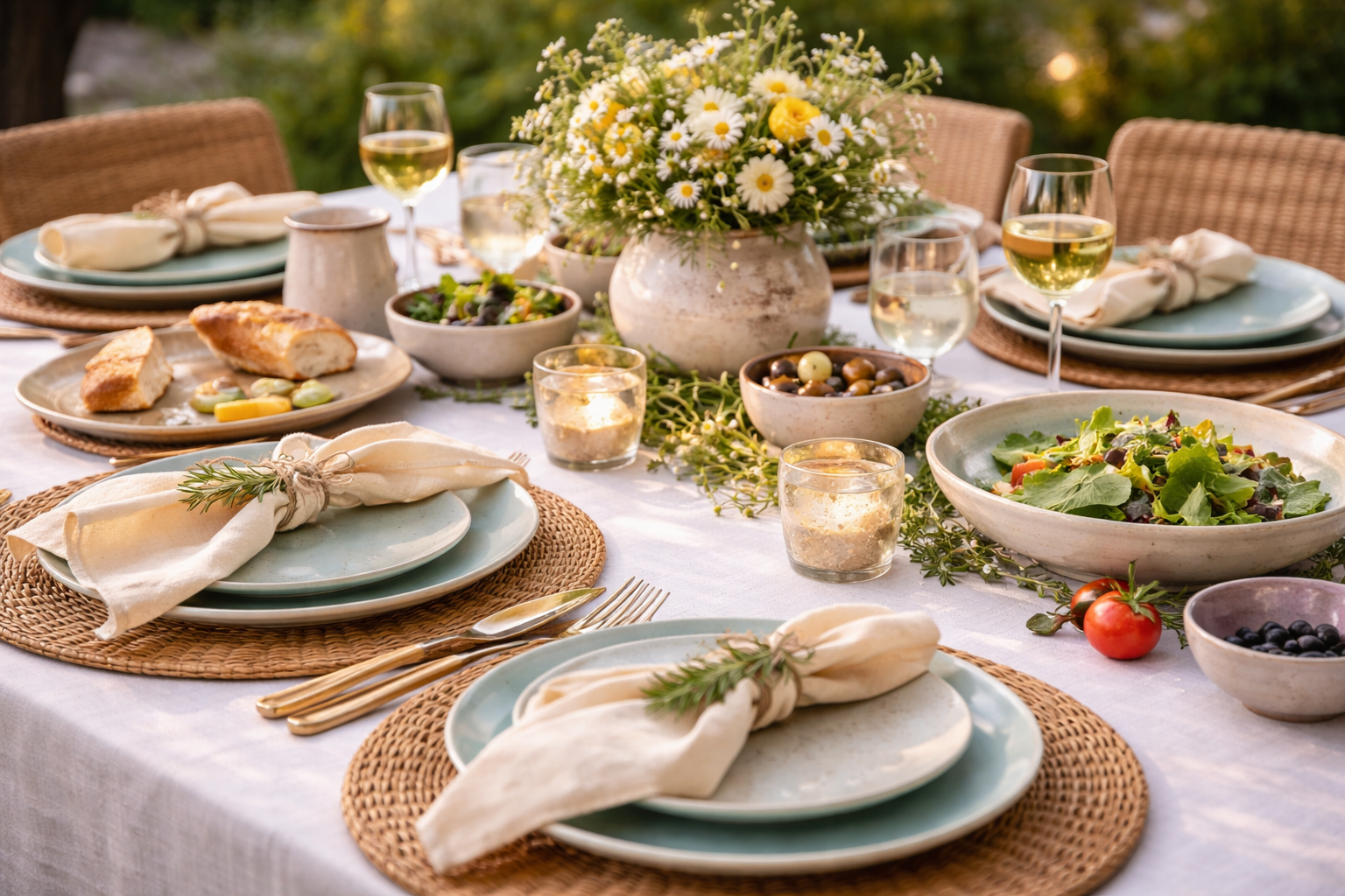 Sommerlich gedeckter Tisch mit gemischtem Geschirr in sanften Grün- und Beigetönen, kombiniert mit unterschiedlichen Formen und leichten Farbvariationen. Natürliche Platzsets, lockere Stoffservietten und dezente Dekoelemente schaffen eine harmonische, moderne und bewusst unperfekte Tischgestaltung.