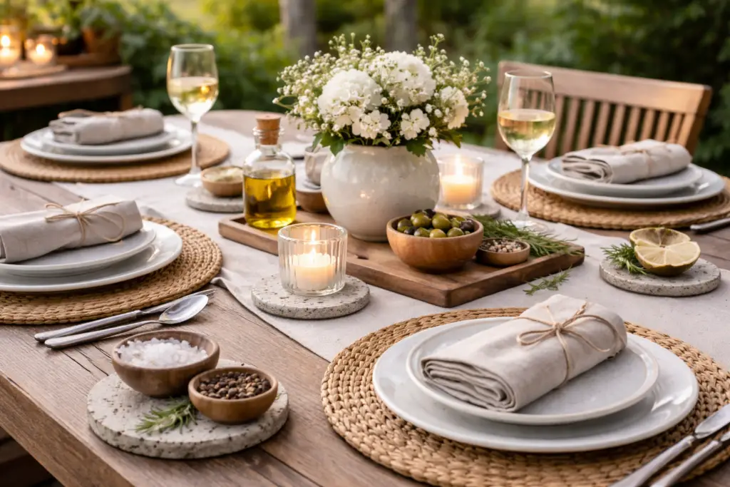 Sommerlich gedeckter Tisch mit Naturmaterialien wie Holz, Stein und Keramik. Geflochtene Platzsets, Leinenservietten und kleine Holz- sowie Steinelemente sorgen für Struktur und eine ruhige, natürliche und harmonische Atmosphäre. Keine Personen.