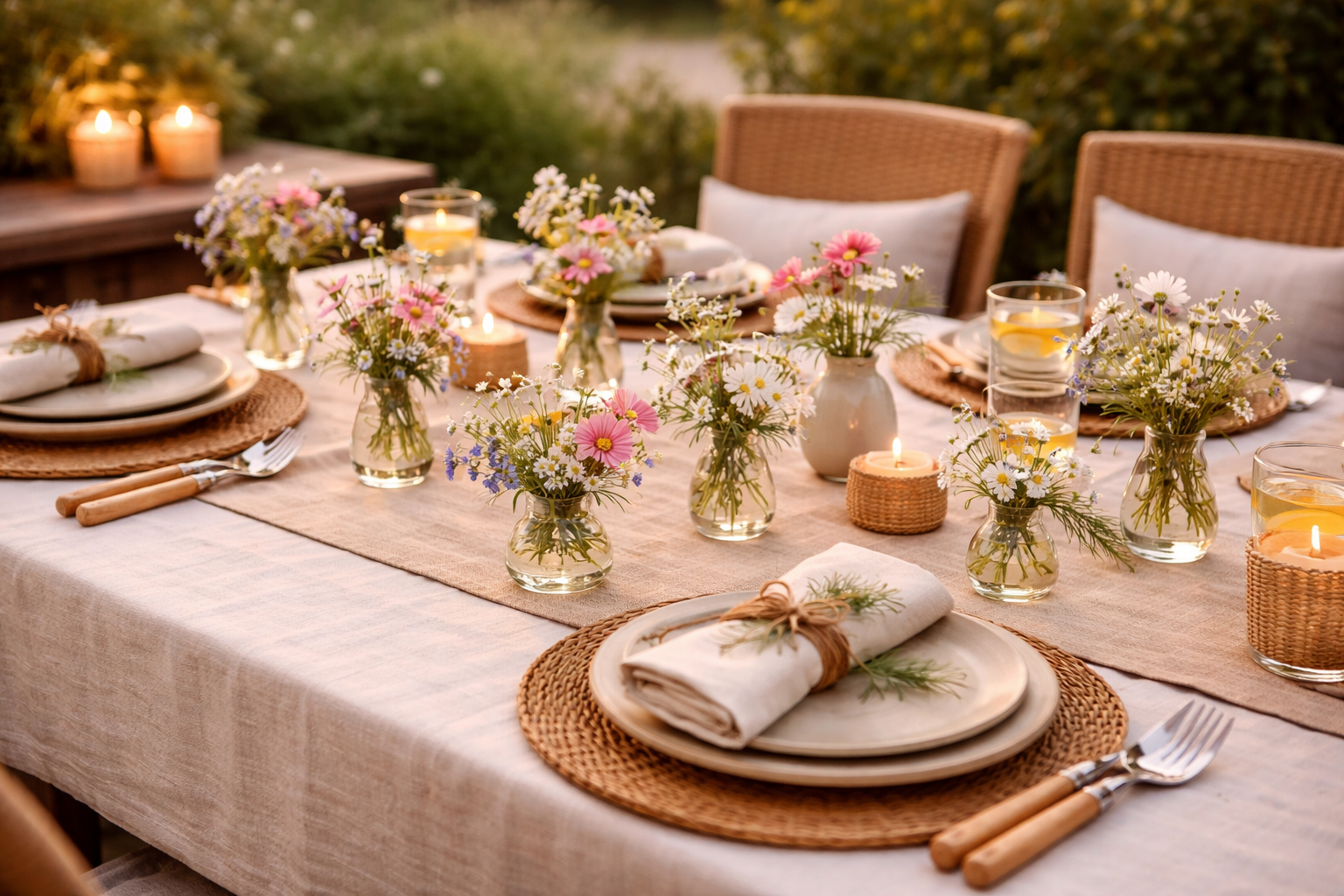 Sommerlich gedeckter Tisch mit vielen kleinen Vasen, gefüllt mit locker arrangierten Wiesenblumen. Die gleichmäßig verteilten Blumen sorgen für eine leichte, natürliche und offene Tischdekoration mit entspannter Atmosphäre.