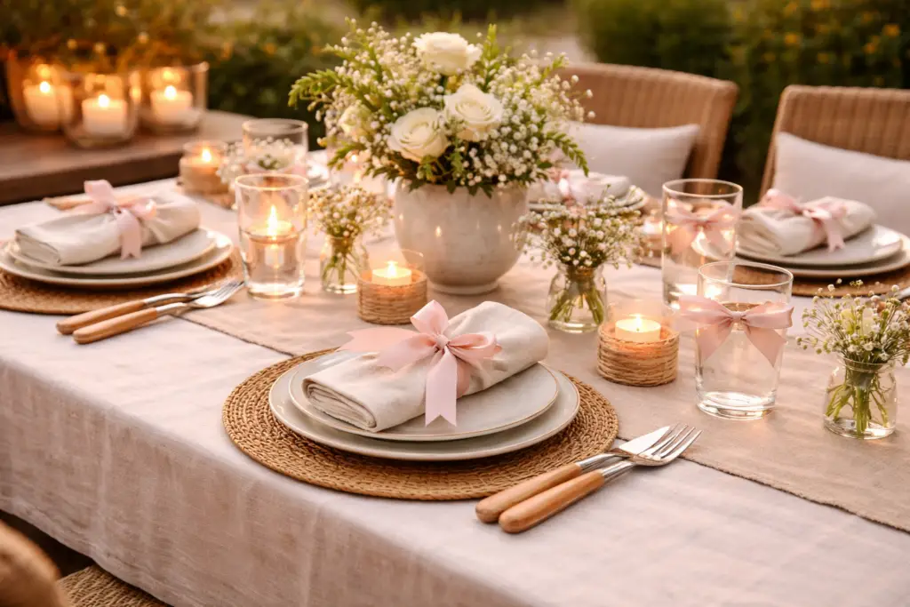 Sommerlich gedeckter Tisch mit hellen Leinentextilien und zarten Schleifen an Servietten und Gläsern. Kerzenlicht, feine Blumenarrangements und natürliche Materialien schaffen eine weiche, ruhige und liebevolle Atmosphäre.