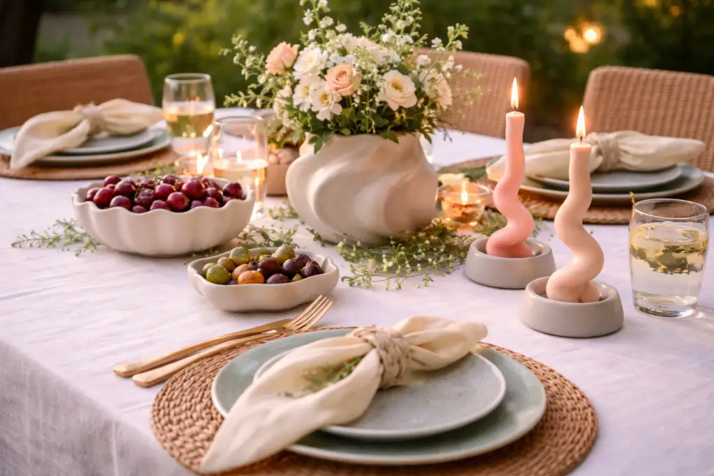 Sommerlich gedeckter Tisch mit Fokus auf außergewöhnliche Formen wie geschwungene Kerzen und eine organisch geformte Vase. Dezentes Geschirr, natürliche Materialien und wenige ausgewählte Deko-Elemente sorgen für eine moderne, stilvolle und ruhige Tischgestaltung mit klarem Blickfang.