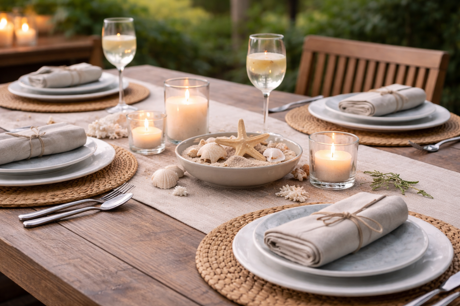 Sommerlich gedeckter Tisch mit neutraler Tischdeko und einer Schale mit Sand und Muscheln als dezentes Highlight in der Mitte. Helle Farben, Leinenstoffe und natürliche Materialien sorgen für eine ruhige, stilvolle und leicht maritime Atmosphäre. Keine Personen.
