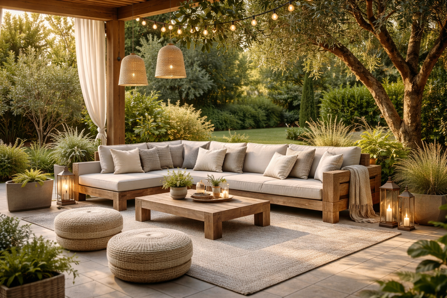Großzügige Outdoor Lounge im Garten mit L-förmigem Holzsofa und dicken cremefarbenen Polstern, dekorativen Kissen in Sand- und Naturtönen, niedrigem Holztisch auf hellem Outdoor Teppich, zwei runden Sitzpoufs aus geflochtenem Material, warmem Lichterkettenlicht unter einer Pergola und üppiger grüner Bepflanzung im Hintergrund, aufgenommen im goldenen Abendlicht, 16:9 Format, ohne Personen.