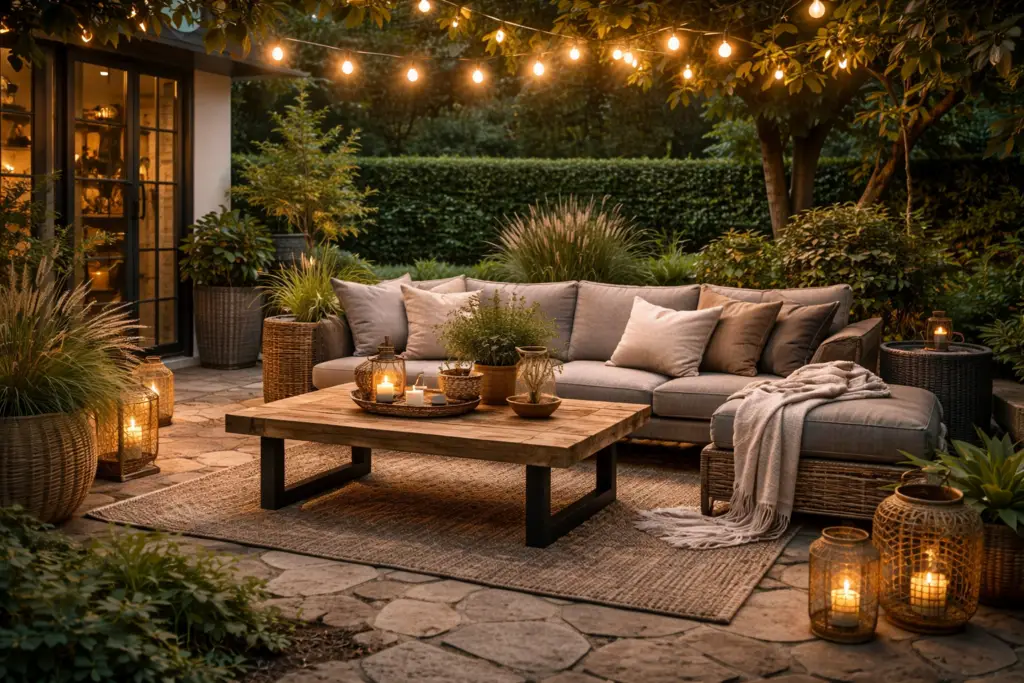 Hyperrealistische 16:9 Aufnahme einer stilvollen Gartenterrasse in der Dämmerung mit Natursteinplatten, großem Holztisch mit sichtbarer Maserung und schwarzen Metallbeinen, beiger Outdoor Lounge mit Leinenkissen, Rattanlaternen und Körben, warmem Kerzenlicht und üppiger grüner Bepflanzung im Hintergrund, natürliche Materialien im Fokus, keine Personen.