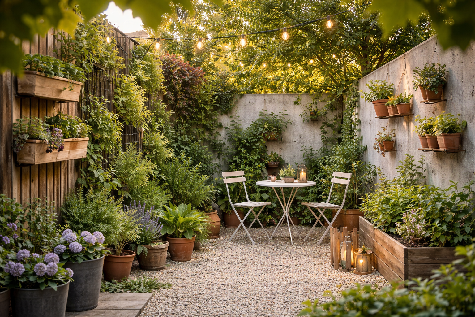 Kleiner, liebevoll gestalteter Garten im 16:9 Format mit hellem Kiesboden, schlankem weißem Bistro Tisch und zwei filigranen Stühlen, vertikaler Pflanzenwand aus Holz und Metallgitter auf der linken Seite, mehreren Wandregalen mit Terrakotta Töpfen auf heller Betonwand, unterschiedlich hohen Pflanzkübeln und üppigem Grün, warmen Lichterketten über dem Sitzbereich, aufgenommen im weichen Abendlicht, ohne Personen.