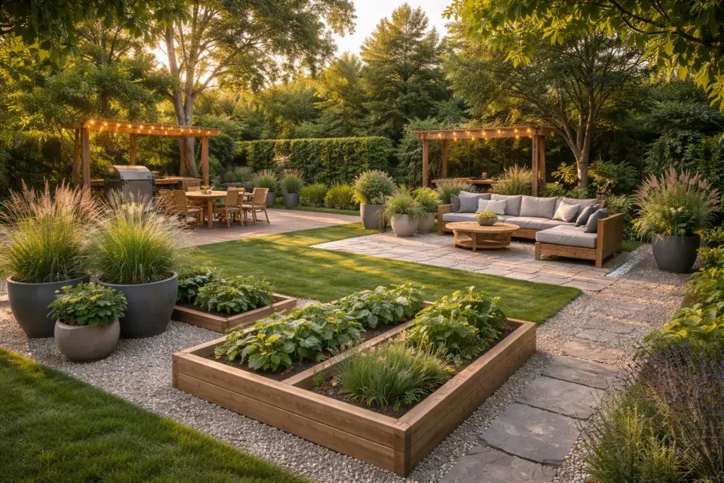 Hyperrealistische 16:9 Aufnahme eines modern gestalteten Gartens mit klar definierten Zonen: im Vordergrund zwei rechteckige Hochbeete aus Holz auf Kiesfläche, getrennt durch Naturstein-Trittplatten; dahinter eine Lounge-Ecke auf heller Steinfläche mit grauer Outdoor-Sofalandschaft und rundem Holztisch; links eine Esszone auf Holzdeck mit Esstisch und Grill unter einer Pergola; große anthrazitfarbene Pflanzkübel als Raumtrenner, sattes Grün und warmes Abendlicht, keine Personen.