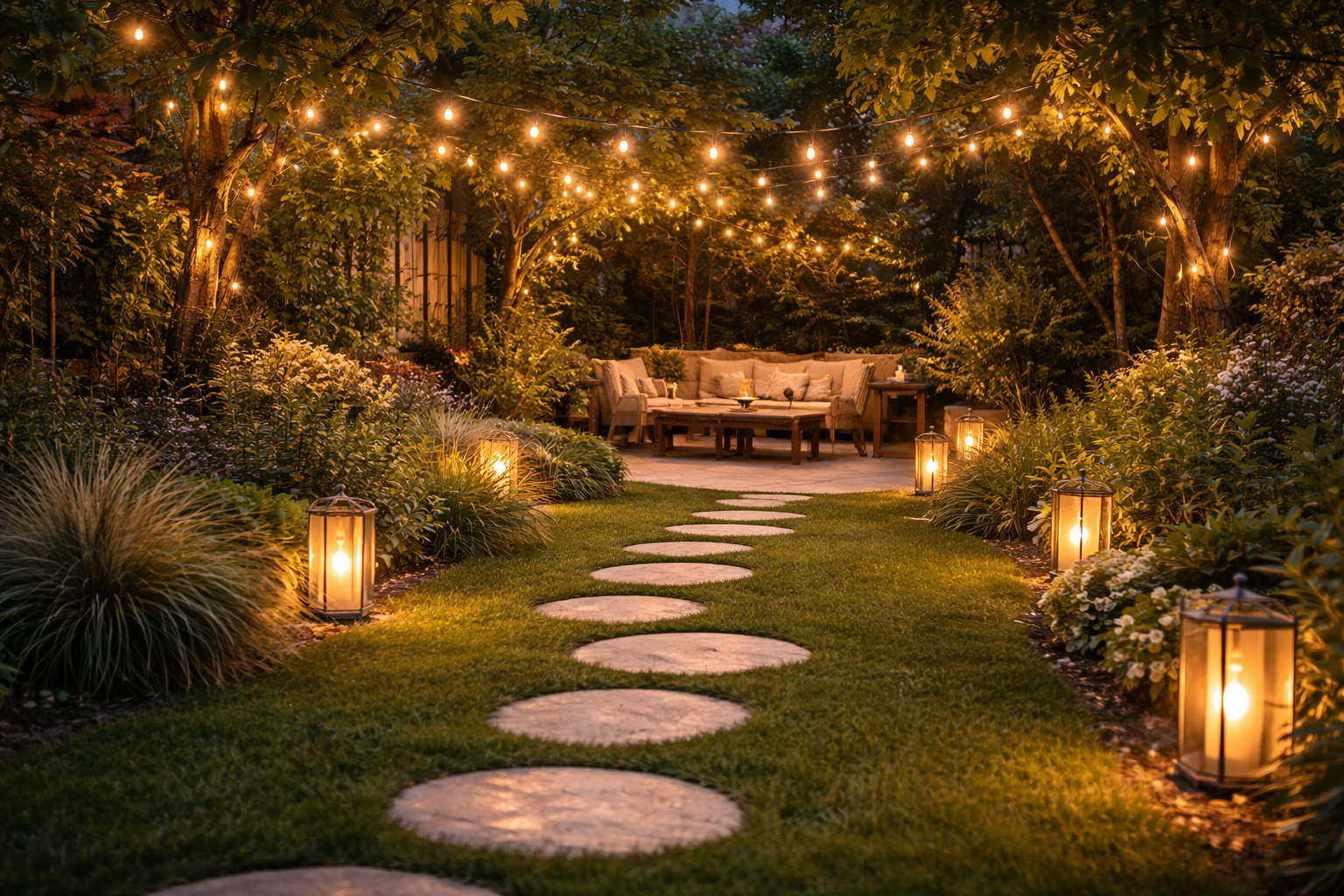 Stimmungsvoll beleuchteter Garten im 16:9 Format bei Dämmerung mit geschwungenem Trittsteinweg im Rasen, warmweißen Lichterketten zwischen Bäumen, mehreren Bodenleuchten und Laternen mit LED Kerzen entlang des Weges, dichter Bepflanzung aus Ziergräsern und Blühpflanzen sowie gemütlicher Lounge Ecke im Hintergrund, warmes Licht schafft eine weiche, einladende Atmosphäre, ohne Personen.
