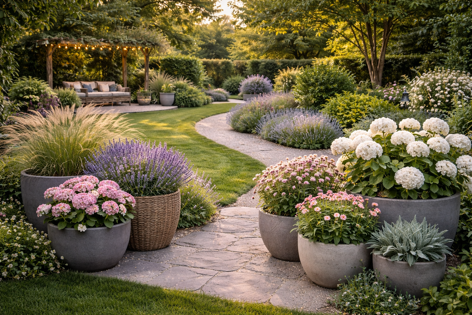 Hyperrealistische 16:9 Aufnahme eines gepflegten, strukturierten Gartens mit geschwungenem Natursteinweg und sauber geschnittenem Rasen, mehrere große Pflanzgefäße in Beton- und Rattanoptik mit Lavendel, weißen und zartrosa Hortensien sowie Ziergräsern, harmonisch angeordnete Beete im Hintergrund und gemütliche Lounge unter einer Pergola, warmes Abendlicht, keine Personen.